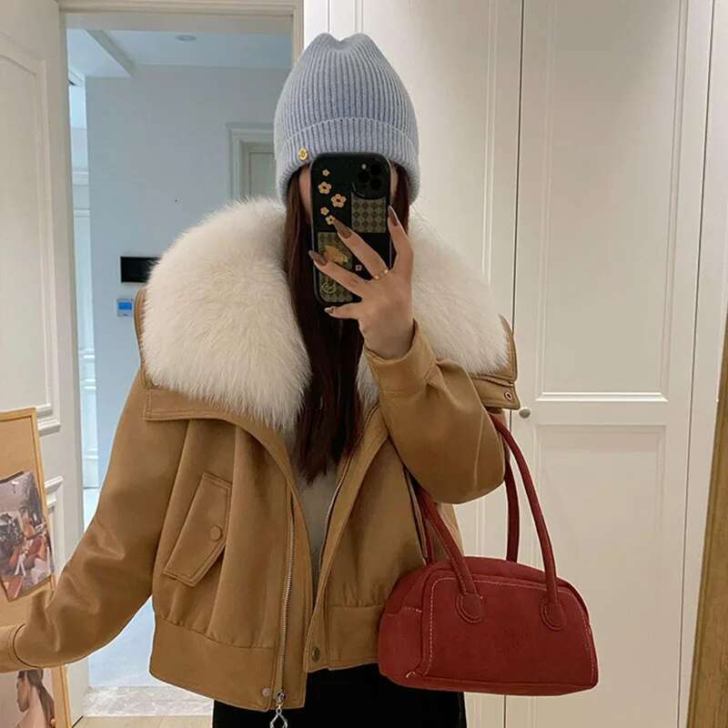 Leather Mink Fur Collar Winter Women White Duck Down Jacket Ladies Vintage Short Warm Puffer Coat Female Parka Outerwear