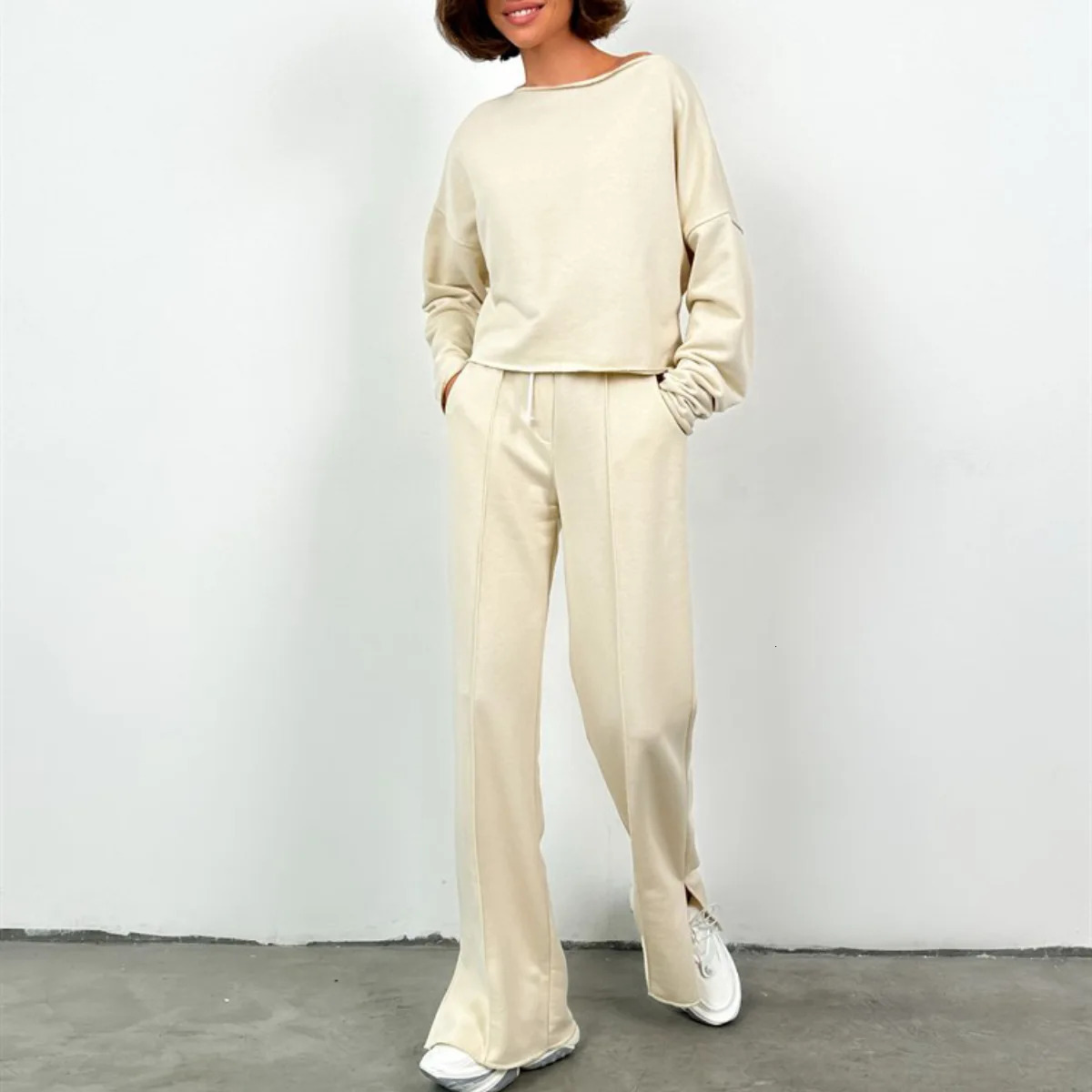 Womens Autumn 2 Piece Outfits O-neck Long Sleeve Tops Loose Wide Leg Pants Lounge Sets Straight Trousers Suit Ropa Mujer 250109