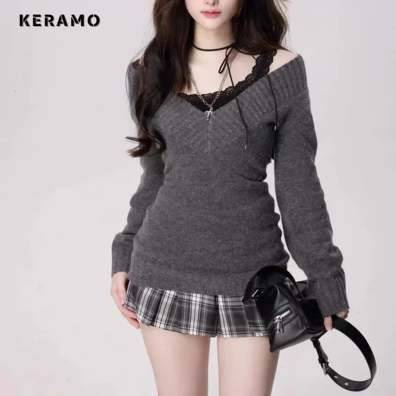 Autumn Vintage Elegant Style 2 Piece Set Women Lace Knit Sweater Patchwork Skirt Sexy Retro Two Outfits 250106