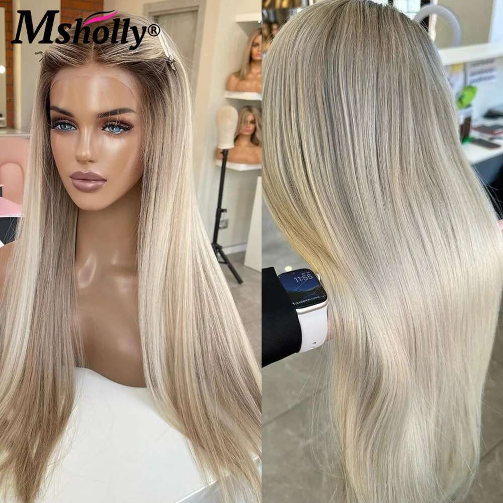 Ombre Ash Transparent Straight 13x4 Lace Front Wigs For Women Preplucked Blonde Remy Human Hair Wig