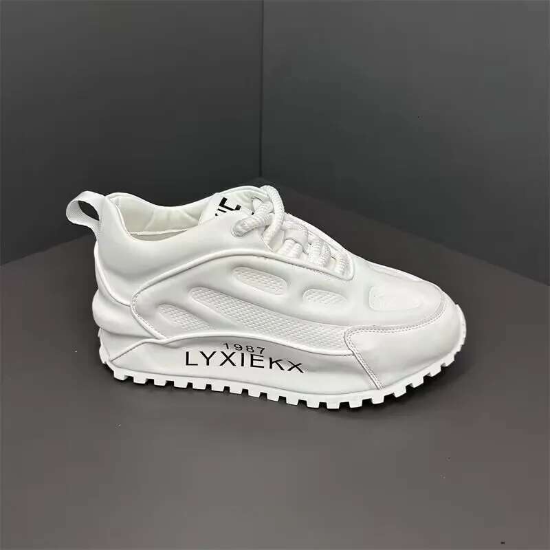 Chunky Sneakers Men Cover Bot tom Air Cush i on Board Fashion Casual Genuine Leather Increased Internal Platf orm Sh oes