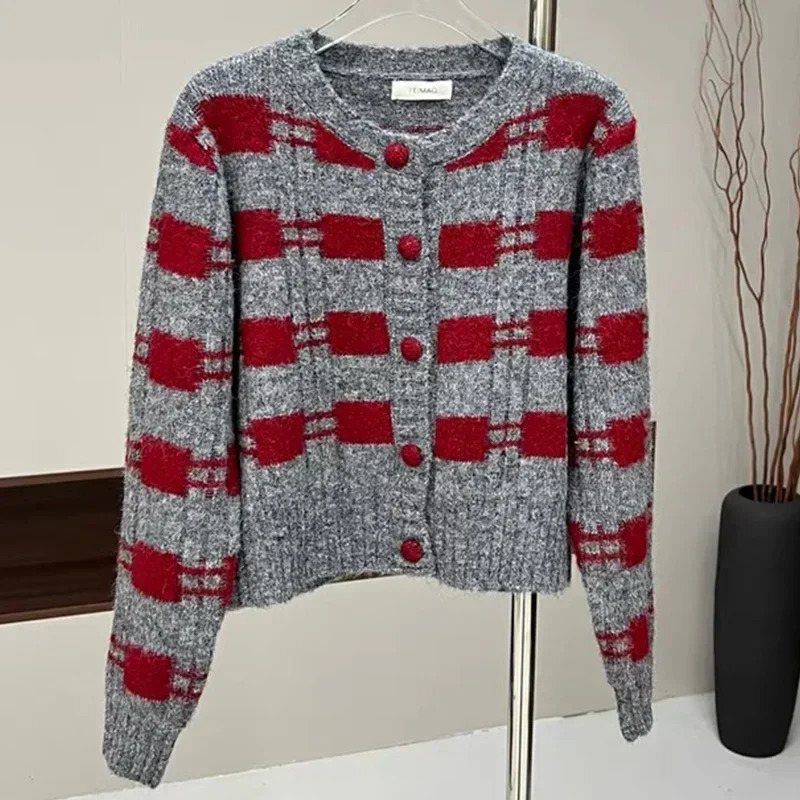 Autumn Winter Vintage Jacquard Thick Warm Sweaters Womens Clothing Casual Slim Wool Oneck Knitted Cardigan Basic Commute Tops 250108