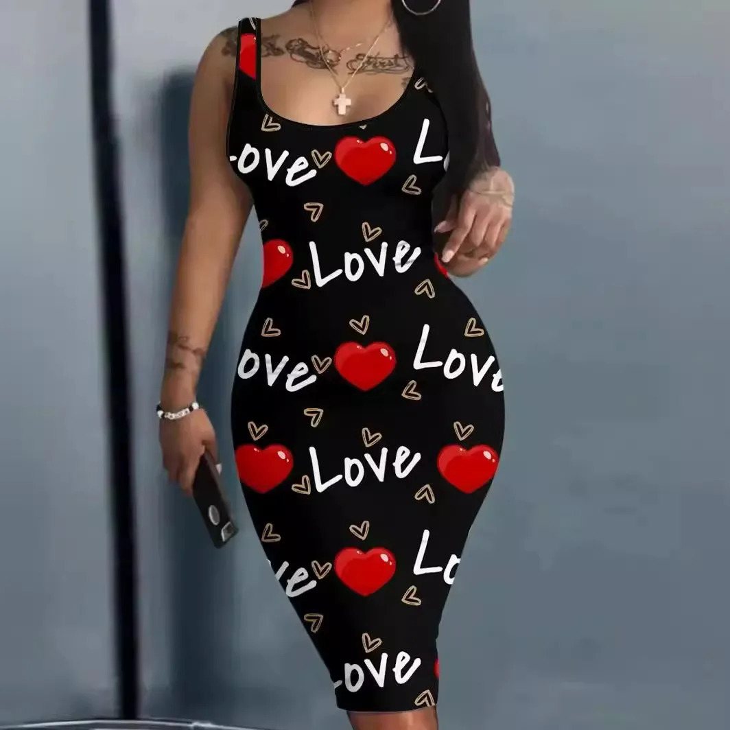 Plus Size Summer Womens Dresses Fashion Contrast Heart Print UNeck Sleeveless Casual Bodycon Mini Dress 250106