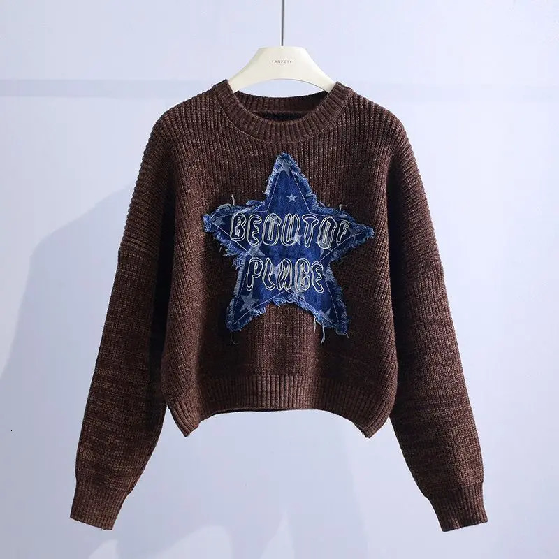 Fashion patchwork knitting Pullovers Women Autumn Winter vintage Letter Long sleeve sweater office Lady Allmatch Knitwear tops 250108