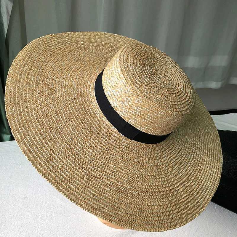New Brim rowing hat 15cm wide Brim straw hat plain weave summer Kentucky derby hat white black ribbon tie sun hat beach hat X250109