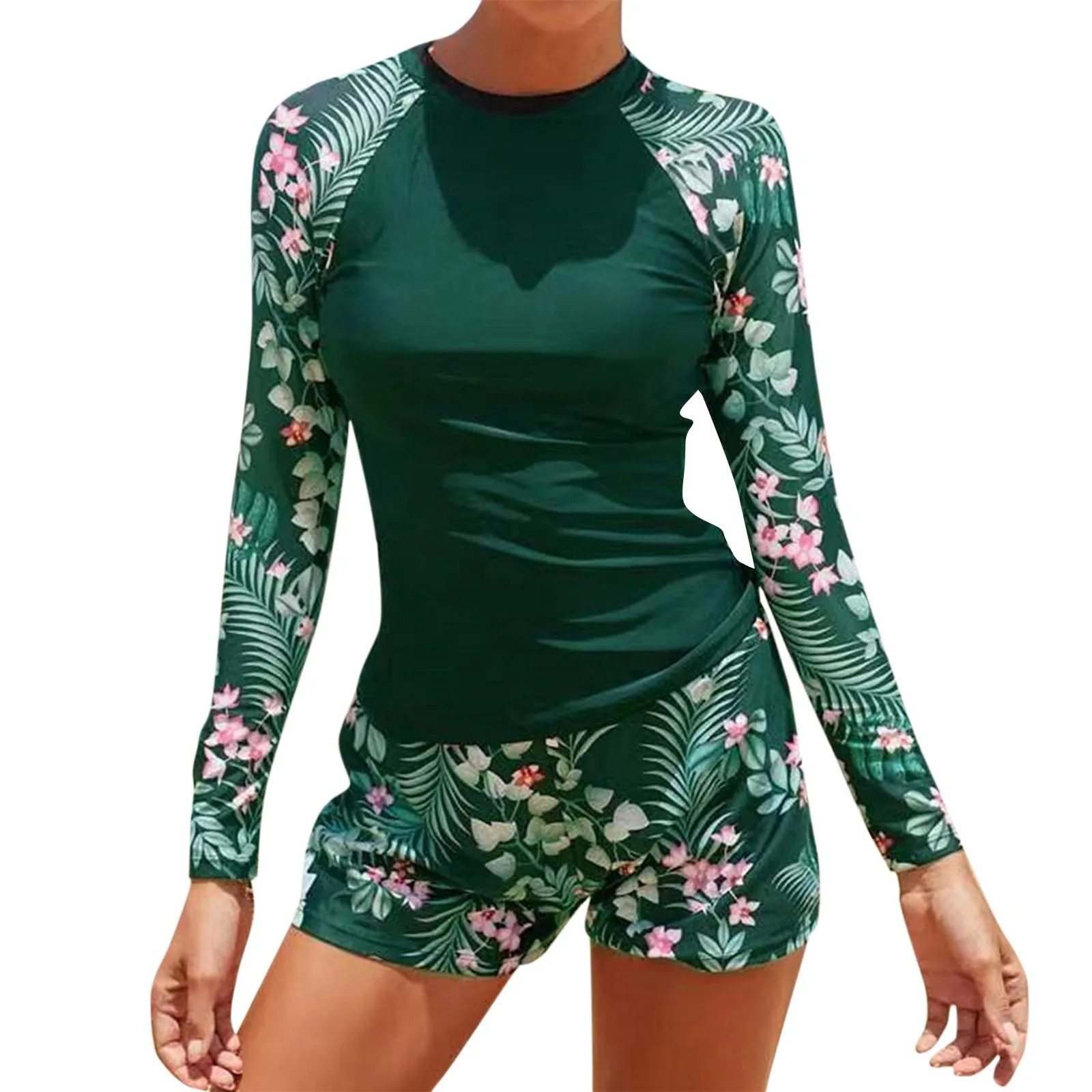 Long Sleeve Surfing Swimsuit Print Swimwear Women Two Pieces Diving Clothes Beachwear Bathing Swimming Swim Suit 250108