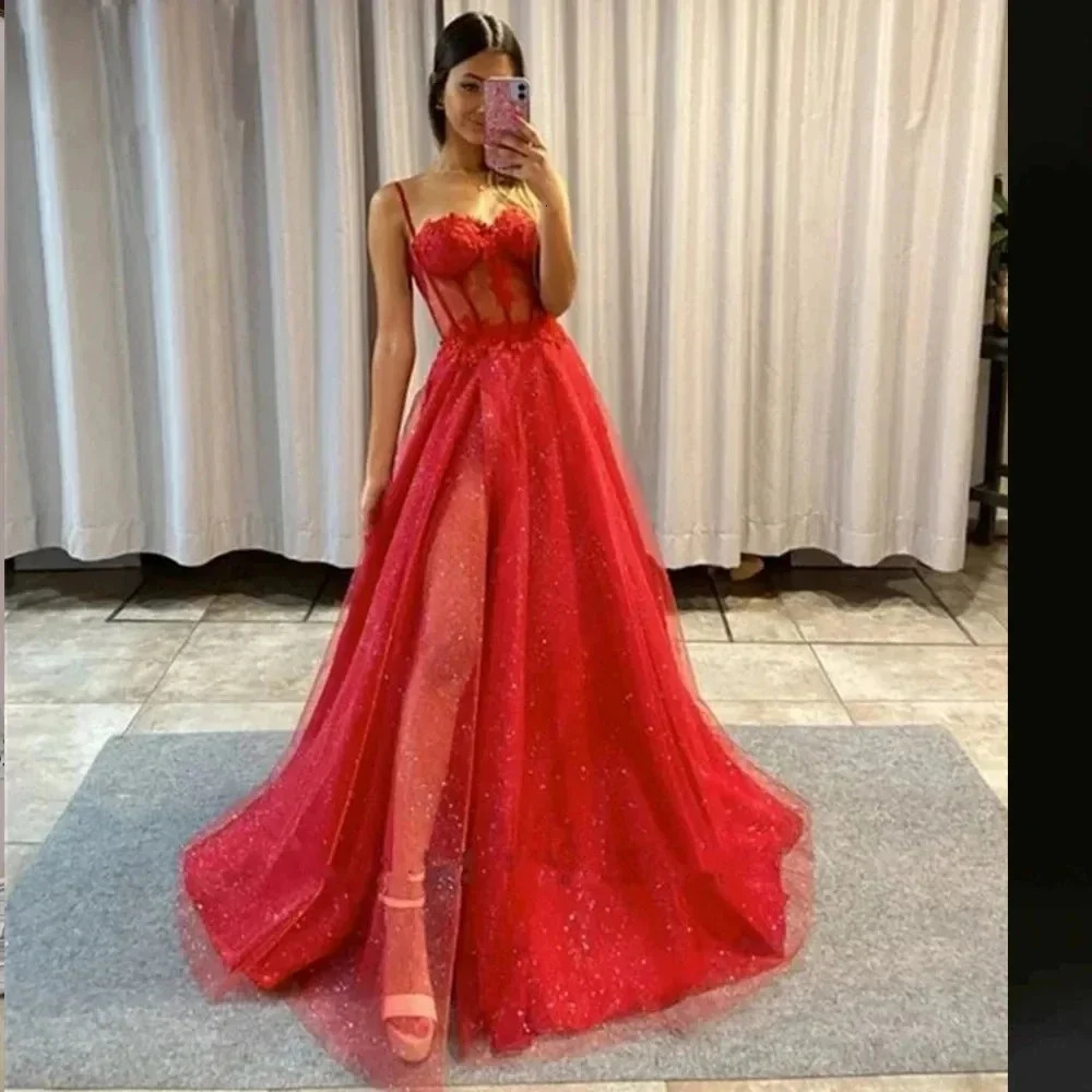 Glitter Tulle Prom Dress Long Ball Gown Spaghetti Straps Lace Appliqued 3D Flower Slit Bridesmaid Dresses Sexy Cocktail party 250106