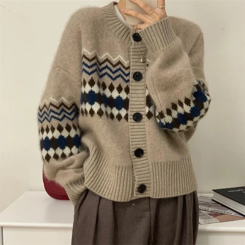 Autumn Winter Office Lady's All-Match Knitted Fair Isle Sweater O-Neck Long Sleeve Top Retro Elegant Women's Clothing Cardigan