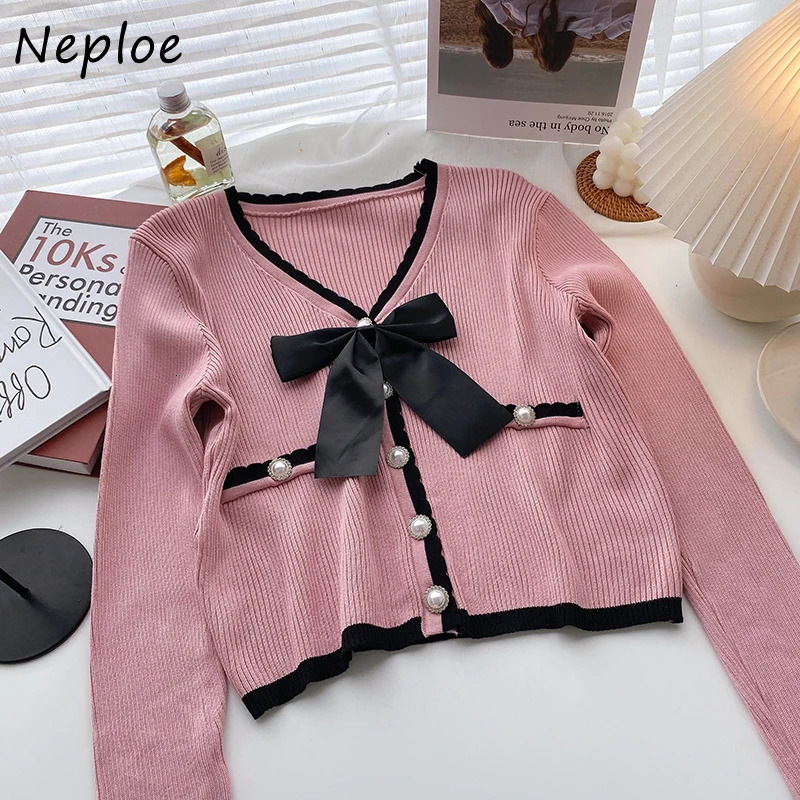 Neploe Vneck Bowknot Decoration Sweet Woman Sweaters Autumn Korean Style Short Knitted Cardigans Pearl Button Knit Tops 250108