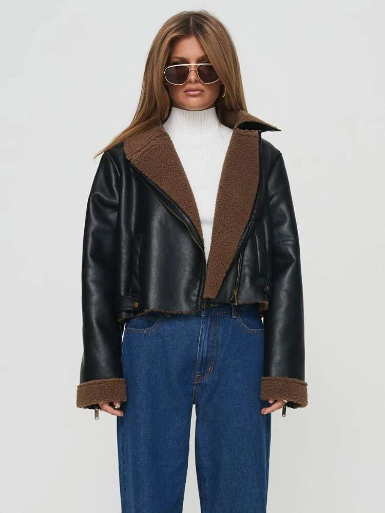 ZBZA Women PU Leather Warm Locomotive Jacket Lapel Long Sleeves Oblique Zip Pocket Thick Outerwear Winter New Female Coat