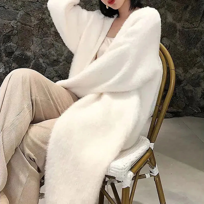 white Long Cardigan for women winter clothes Knitted fluffy long sleeve Cashmere sweater coat clotkorean style warm vintage 250106