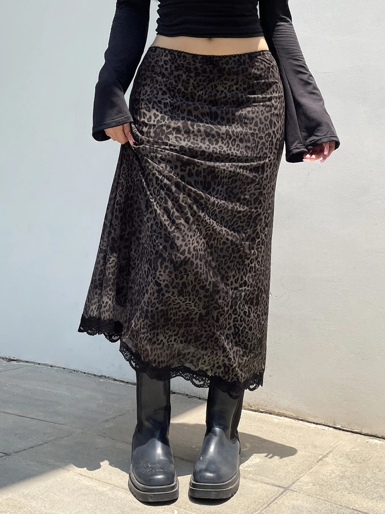 Retro Brown Leopard Y2K Long Skirts Women Lace Trim Hem Two Layers Mesh Vintage Aesthetic Elegant Fashion Clothing 250106