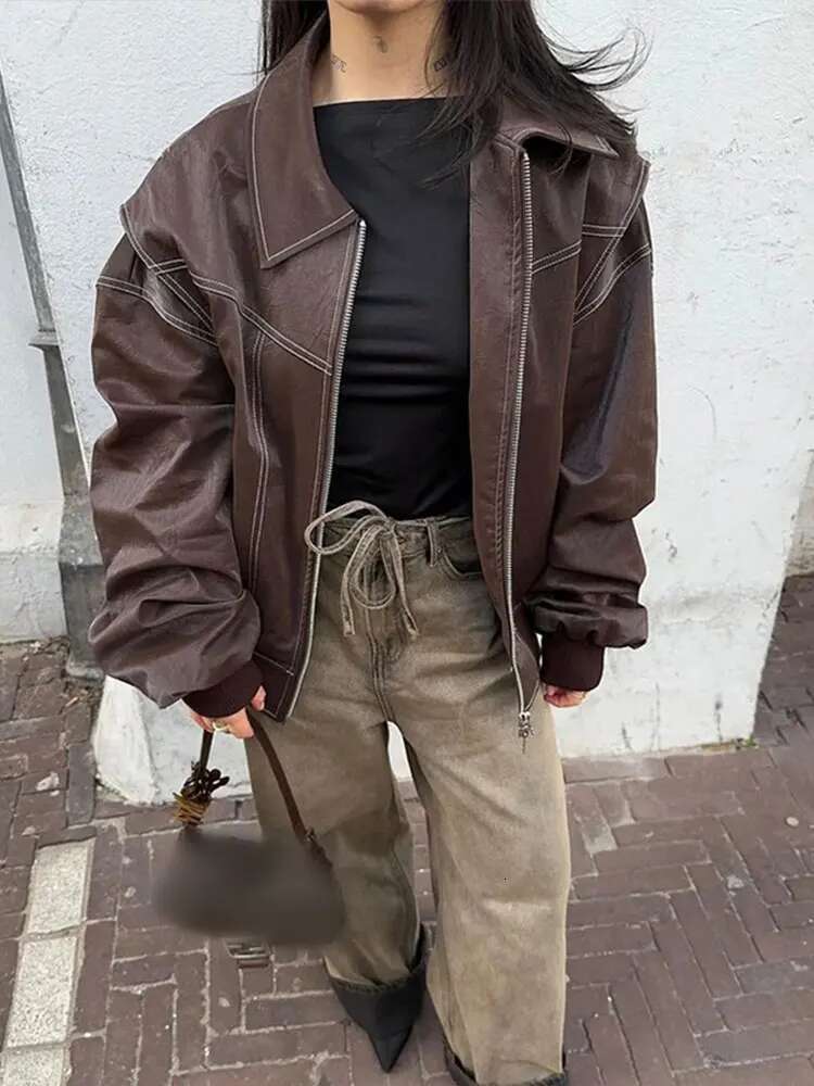 2025 Spring Red Contrast Leather Bomber Fashion Jacket Zipper Front Lapel Pocket Coat Chic Fall New Lady High Streetwear
