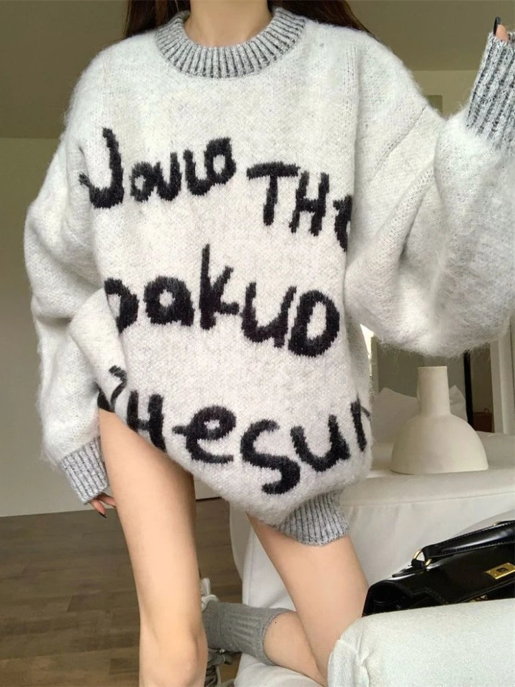 Ezgaga Knitted Sweater Women Vintage Autumn Winter Fashion Letter Printed O Neck Loose Stretch Pullover Ladies Jumper 250108