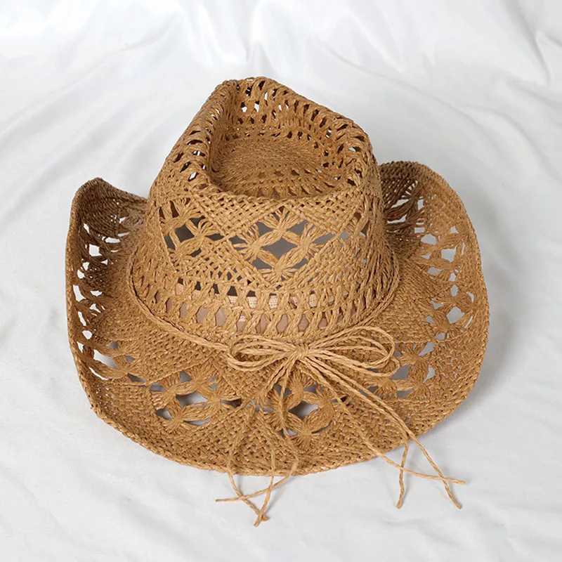 Cowboy hat fashion hollow handmade cowboy straw hat mens summer outdoor travel beach hat unisex solid color western cowboy hat X250329
