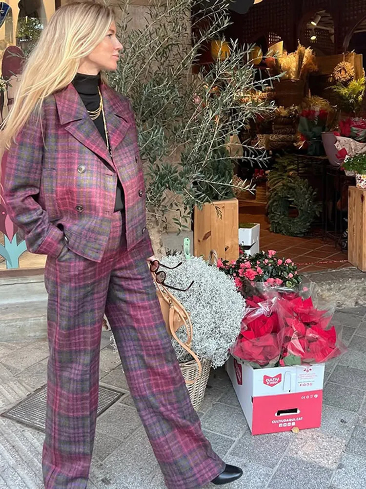 Women Vintage Plaid 2 Piece Suit Lapel Double Breasted Full Sleeves Blazer Set Wide Leg Pants High Street Outfits 250106