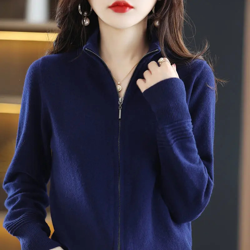 Spring Autumn Women Korean Fashion Simple Soft Cashmere Knitted Jacket Casual Solid Long Sleeve Zipper Sweater Cardigan 250108