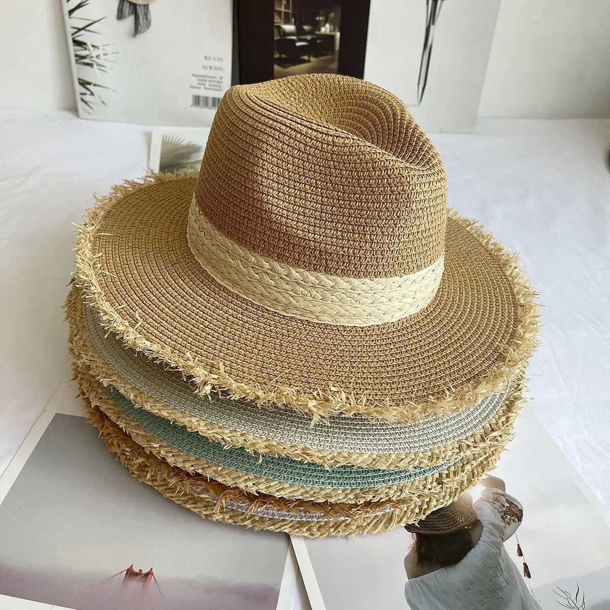 Summer Jazz Hat Mens Warm Sun Hat British Style Womens Rafia Primitive Edge Beach Holiday Sun Hat Panama Hat X250109