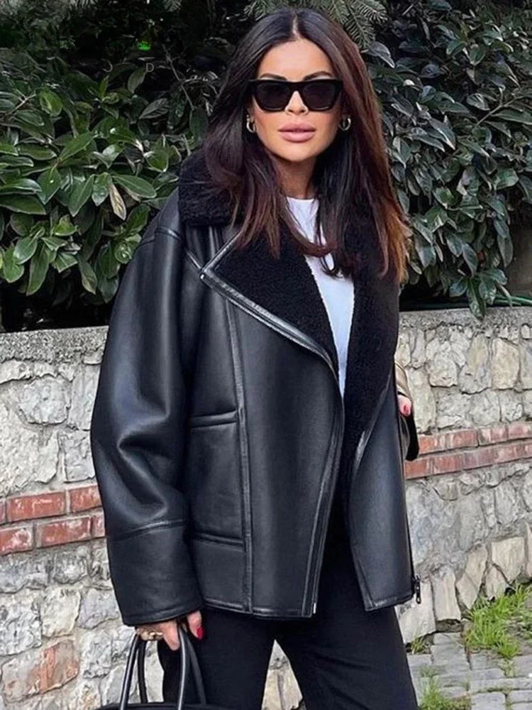 Autumn Winter Women Warm Black Zipper Faux Leather Jacket Coat Loose Turn Down Collar Thickness Overcoat Female Outwear 250103