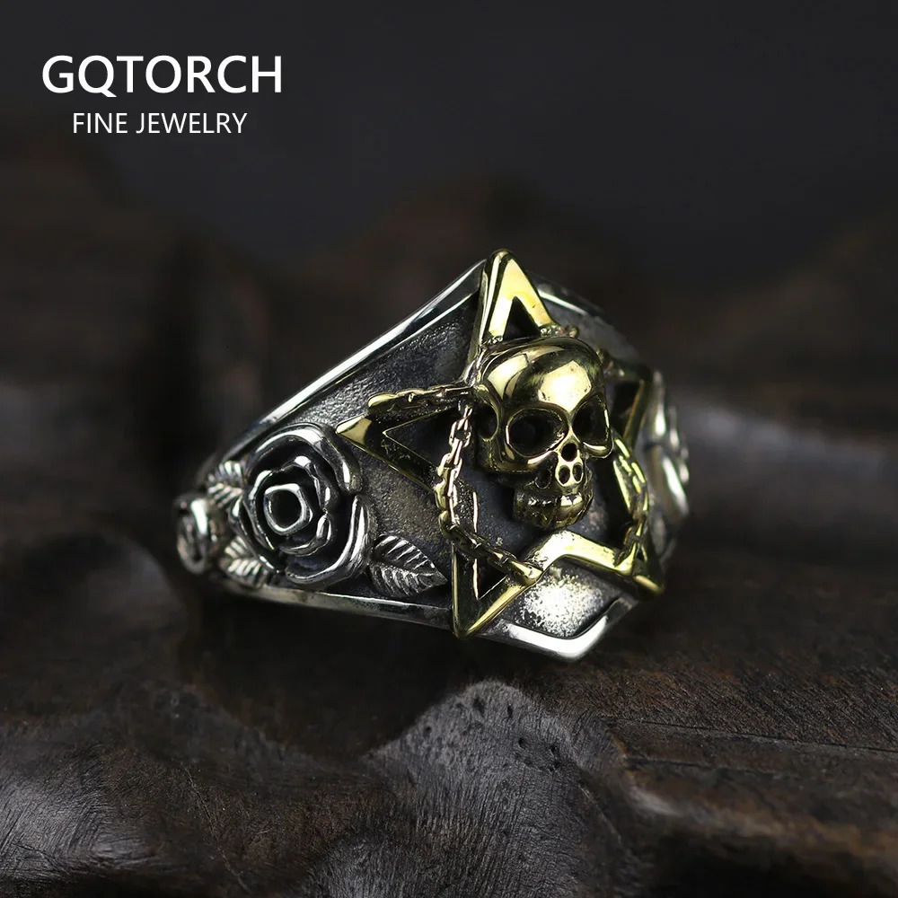 Real Pure 925 Sterling Silver Viking Ring Skull With Pentagram Gothic Punk Rock Rose Flower Carving Resizable For Men and Women 250109