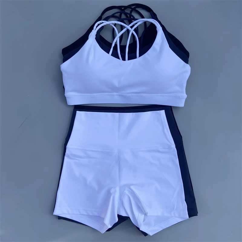 Yoga Shorts Set Women Gym Sports Set Workout Tracksuit 2 Piece Fitness Suit Cross Straps Bra High Waist Shorts Running ClothesXJ250109