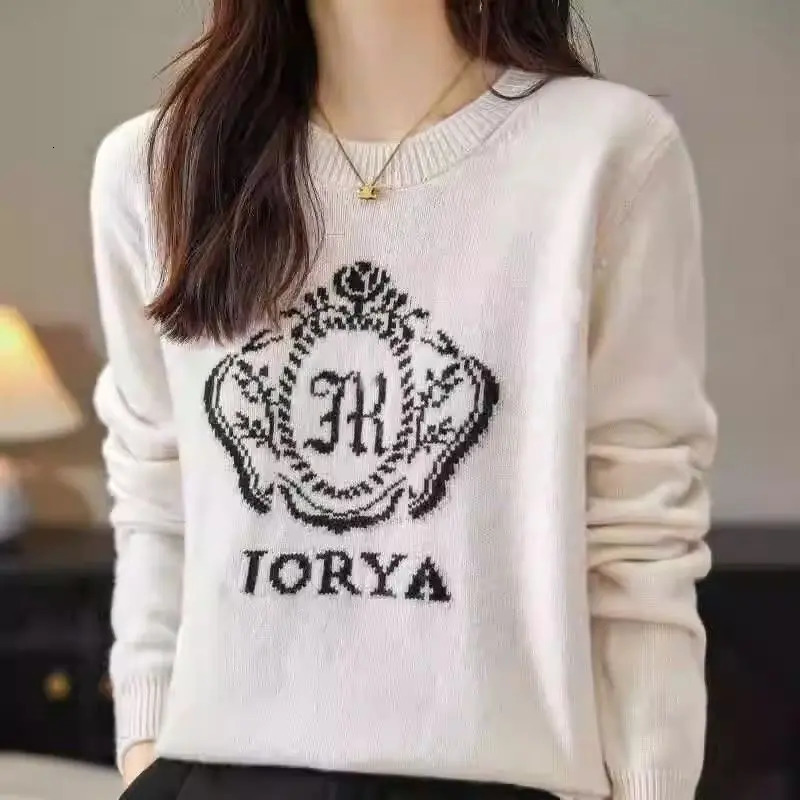 Women Letter Jacquard Knitted Sweater Autumn Winter Oeck Loose Vintage Chic Pullovers Casual Fashion Long Sleeve Tops 250108