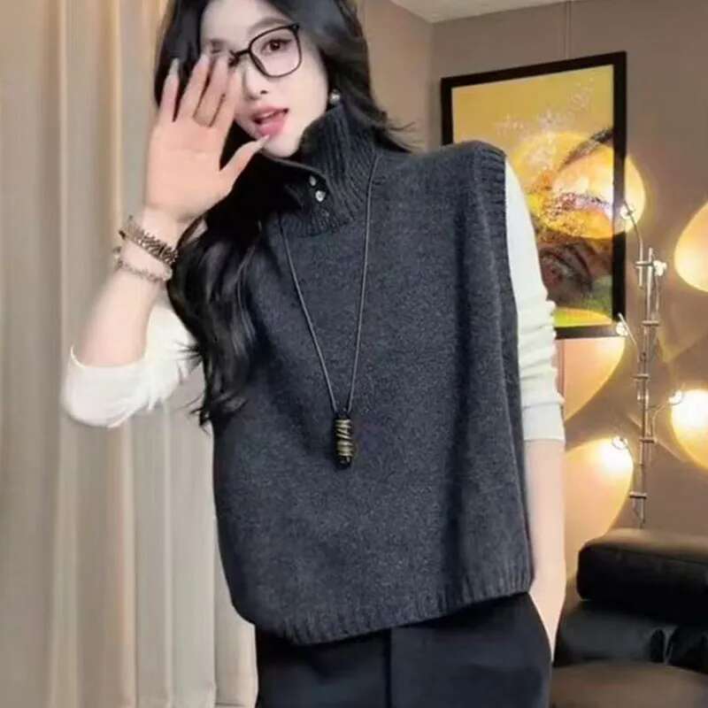 French Style Outerwear Vest, Semi Open High Neck Knitted Sweater, Women's Early Autumn Winter Warm Pullover Wool Sleeveless Top