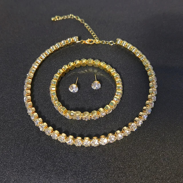 Round Crystal Jewelry Set for Women Charm Silver Color Bracelet Stud Earring Zircon Chain Necklace Wedding Party 250103