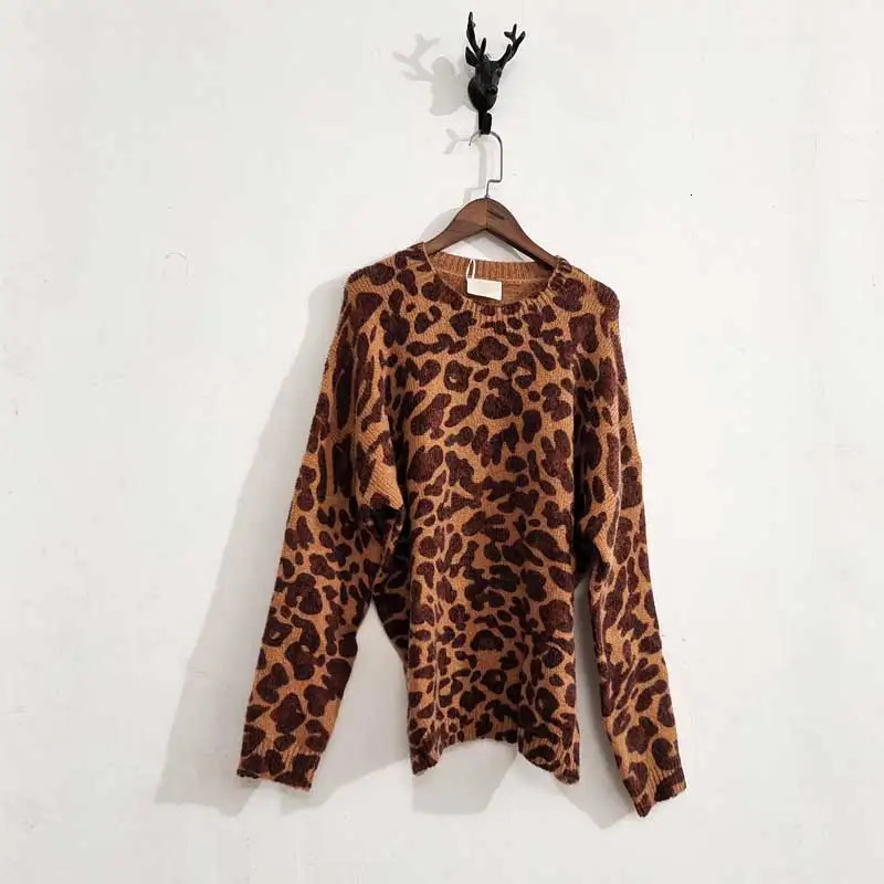 leopard print knitted sweater women long sleeve round neck streetwear autumn winter wool blend warm jumper female 250108
