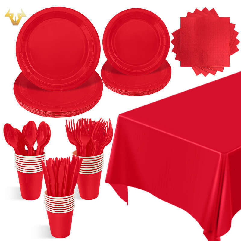 Hot selg solid color themed party red thick tray, paper cup, tissue tablecloth, disposable item