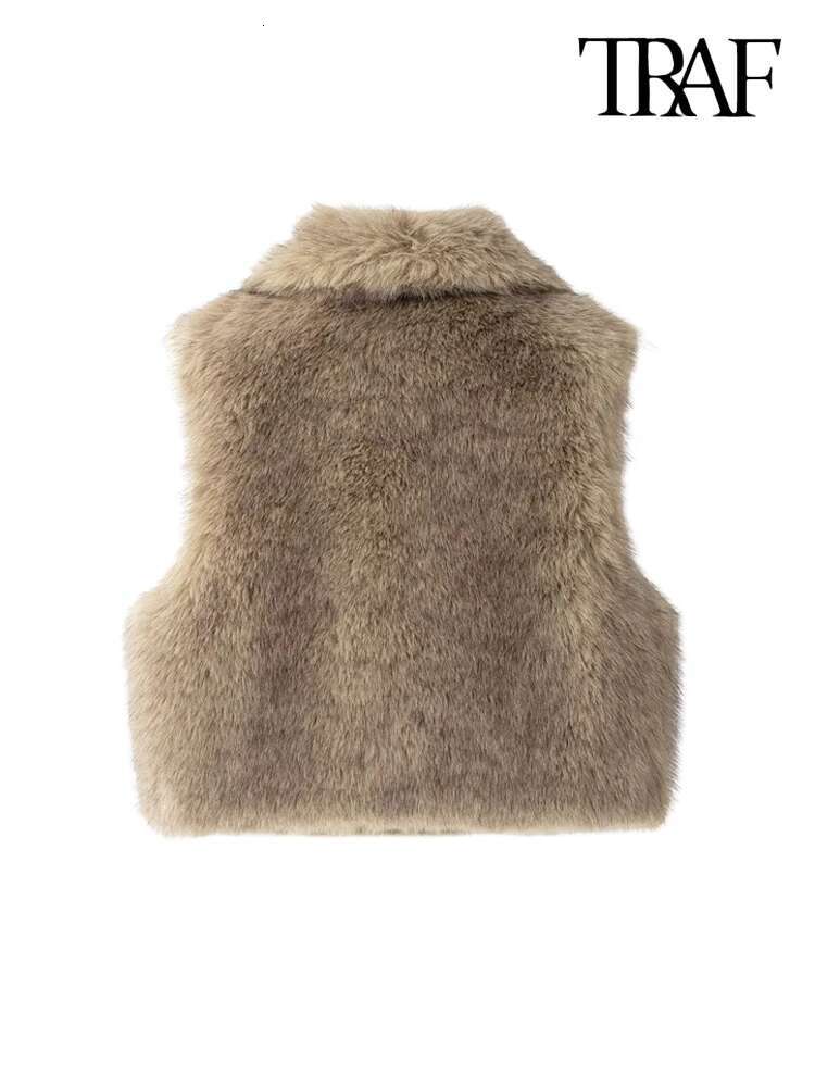 Traf-Women's Thick Warm Faux Fur Waistcoat, Sleeveless, Lapel Collar, Front Hook, Female Outerwear, Chic Vest Tops, Fashion