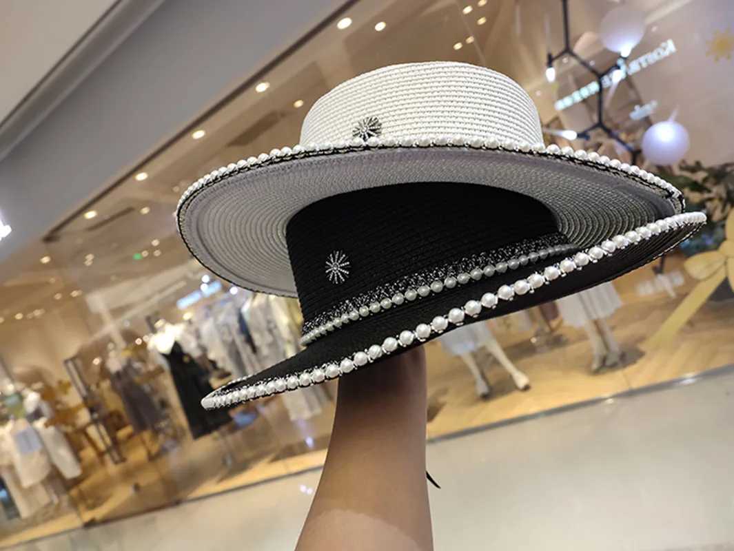Luxury rhinestone white text hat wide brown French lace work hat pearl retro fashion text hat flat top hat beach trend X250109
