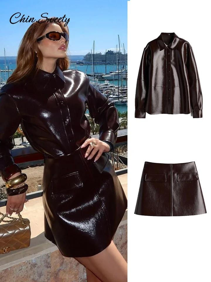 Casual Leather Jacket Skirt Set for Women 2 Pieces Lapel Single Breasted Top Mini Skirts Autumn Lady Y2k Allmatching Outfits 250106
