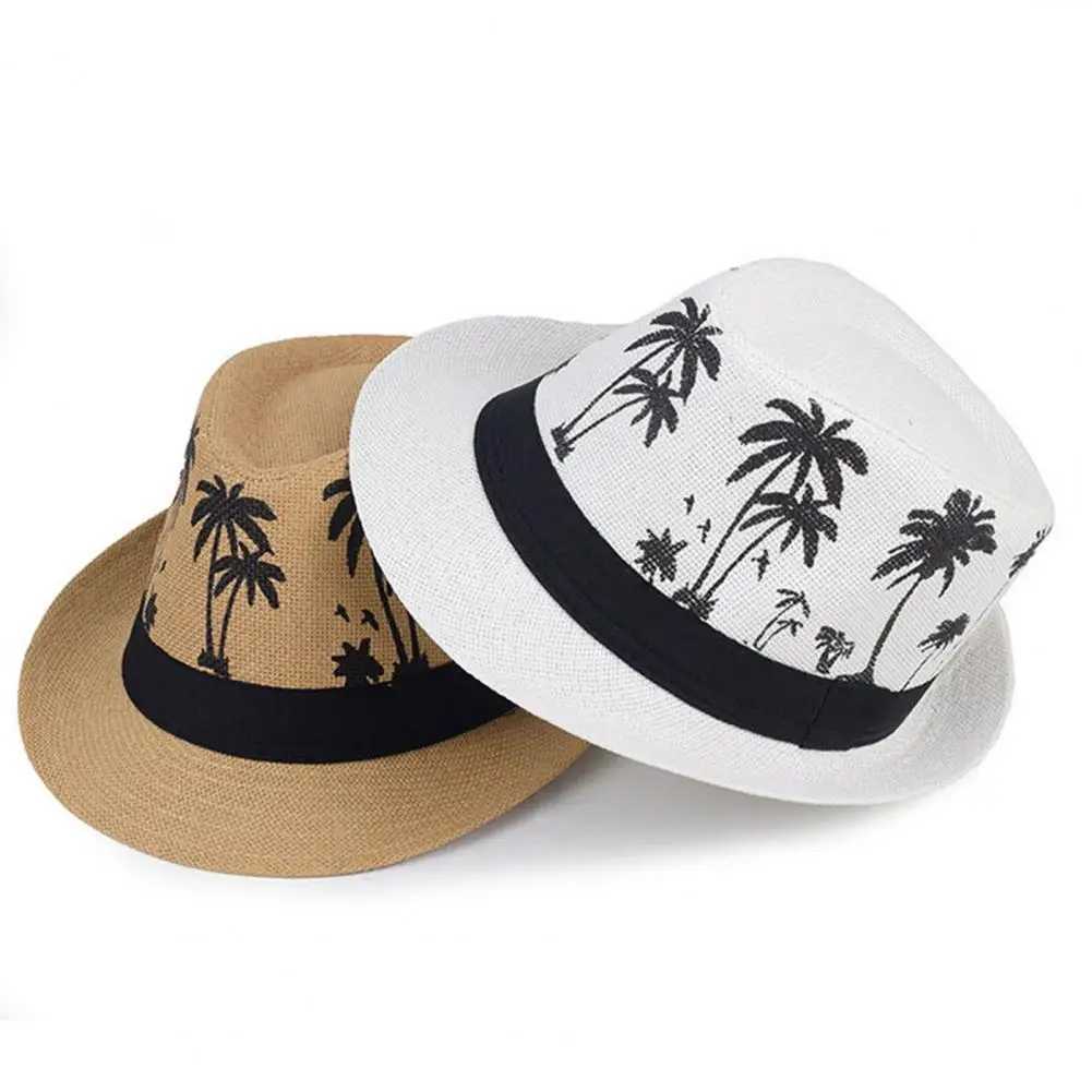 Mens beach hat breathable short Brim tree print contrasting color flat top sunshine lightweight outdoor travel jazz suit X250109