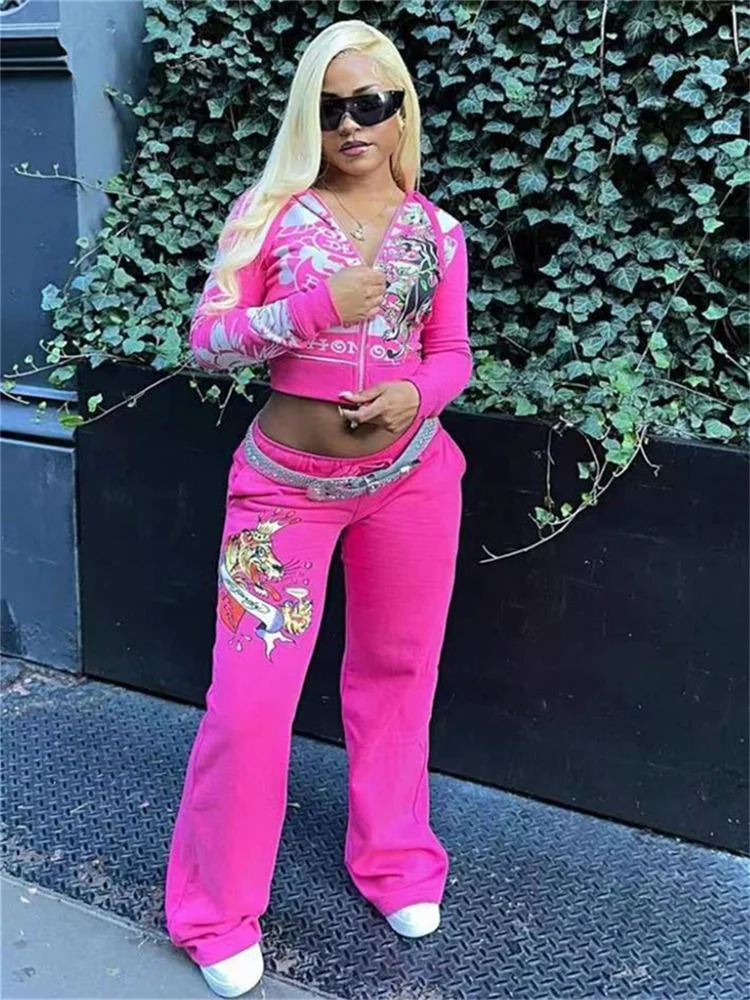 Spring 2 Two Piece Sets Casual Tracksuits Women Long Sleeve Zipper Crop TopBaggy Pants Suits Club Rose Red Matching Outfits 250110