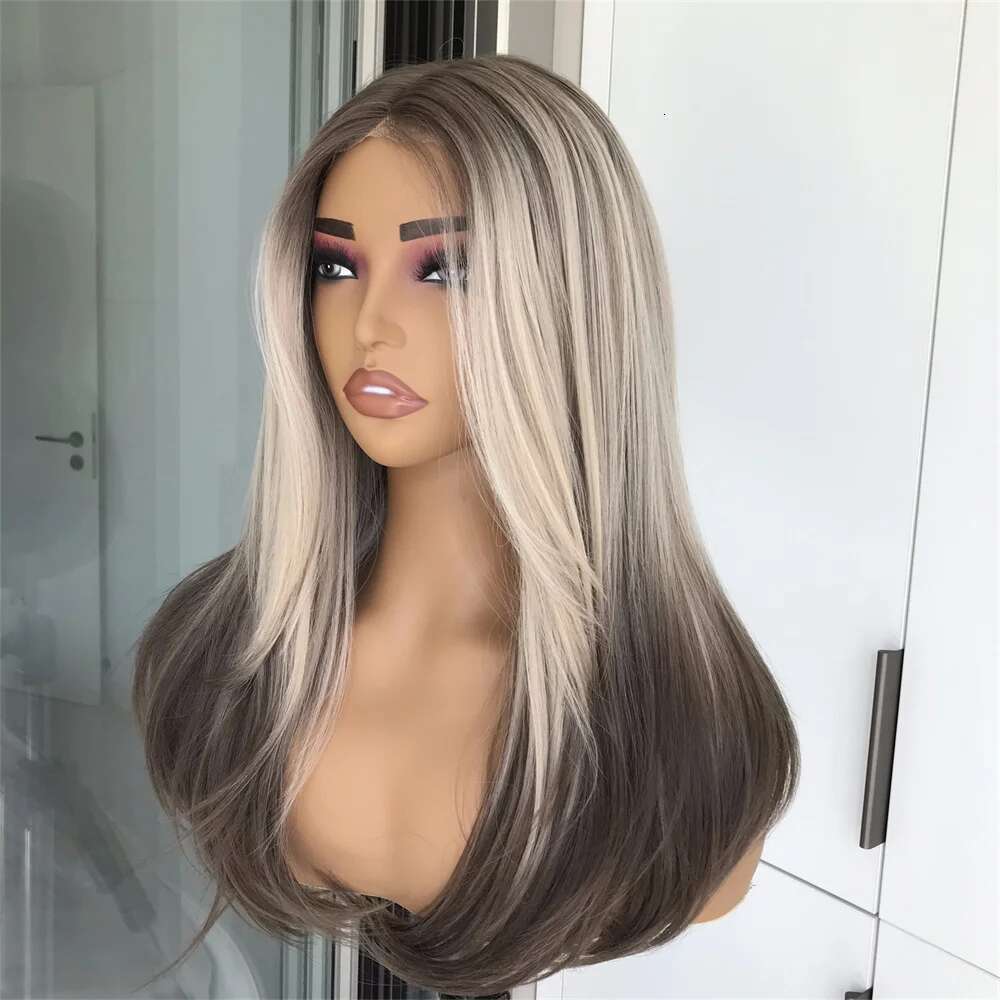 Wear And Go Layered Cut Pre Plucked Beginner Synthetic Lace Front Wig With Bangs Straight Wigs For Women Highlights