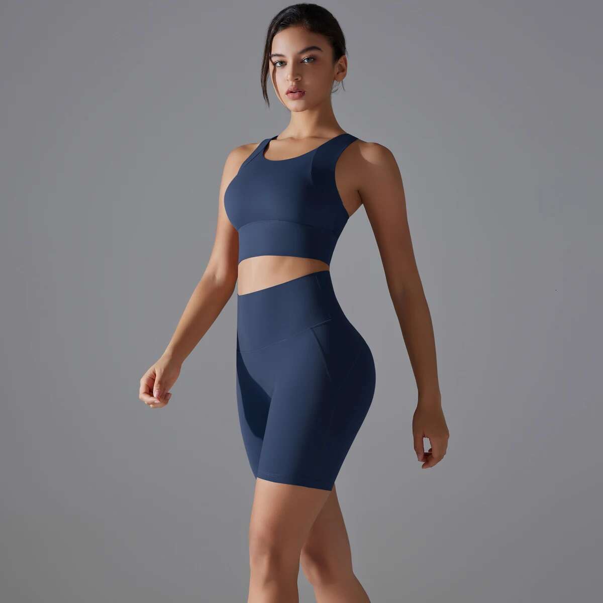 Suit Set Crop Tops Solid Color Nylon Bra Running Cycg Sports Gym Workout Yoga Shorts
