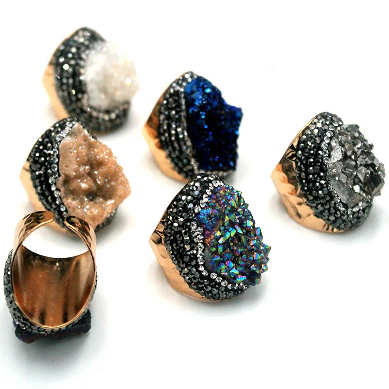 Natural Cluster Druzy Ring Shiny Color Women Adjustable Open Ring Punk Style Wide Size Orginal Stone 250106