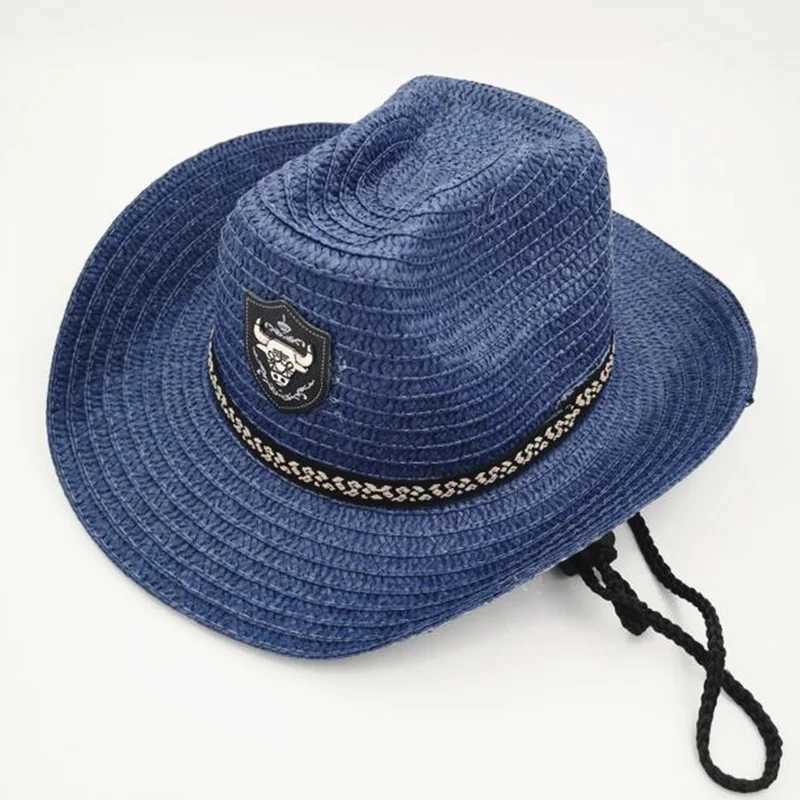 Summer Men Bl badge denim straw hat Sunhat rope jazz hat Western style wide Brim hat mens sun protection hat X250109