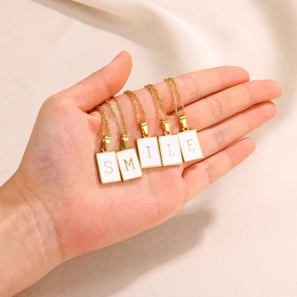 Unisex Metal Geometry Punk Gothic Party Jewelry Vintage Gifts Stainless Steel Square Shell 26letter Simple Pendant Necklace 1pc 250109