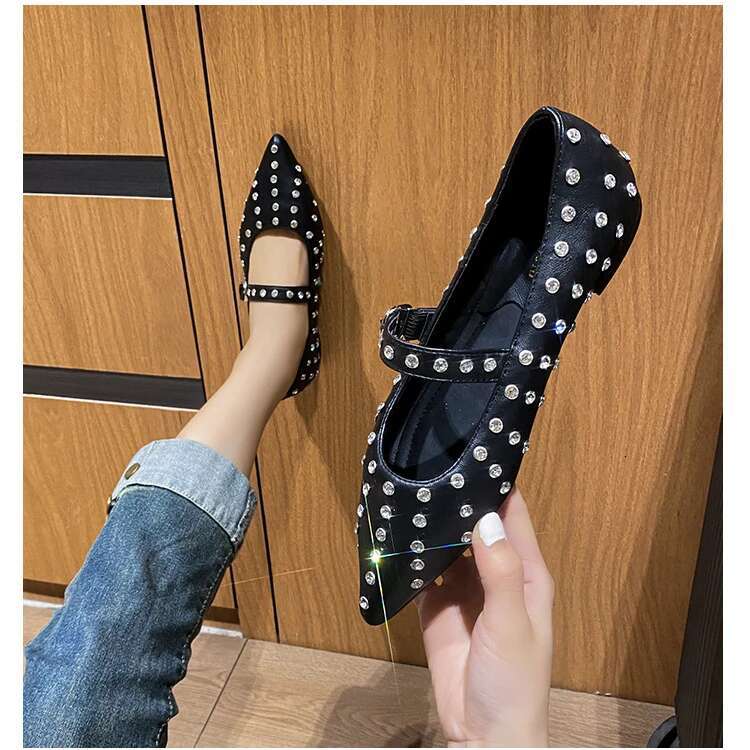 French Retro Riveted Mary Jane Single Spring Autumn Girls Pointed Flat Bottom Sweet Fairy Style Women's Shoes Size 34-43