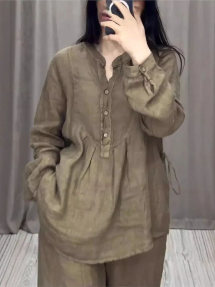 Spring Autumn Two Piece Sets Women Casual Long Sleeve Pocket Shirts 2 Set Fashion Loose Pleated Wideleg Pants Suit 250106