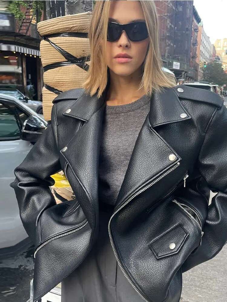Vintage PU Leather Women Jacket Lapel Full Sleeves Zippers Female Coat 2024 Autumn Winter Solid Minimalism Loose Lady Outwear