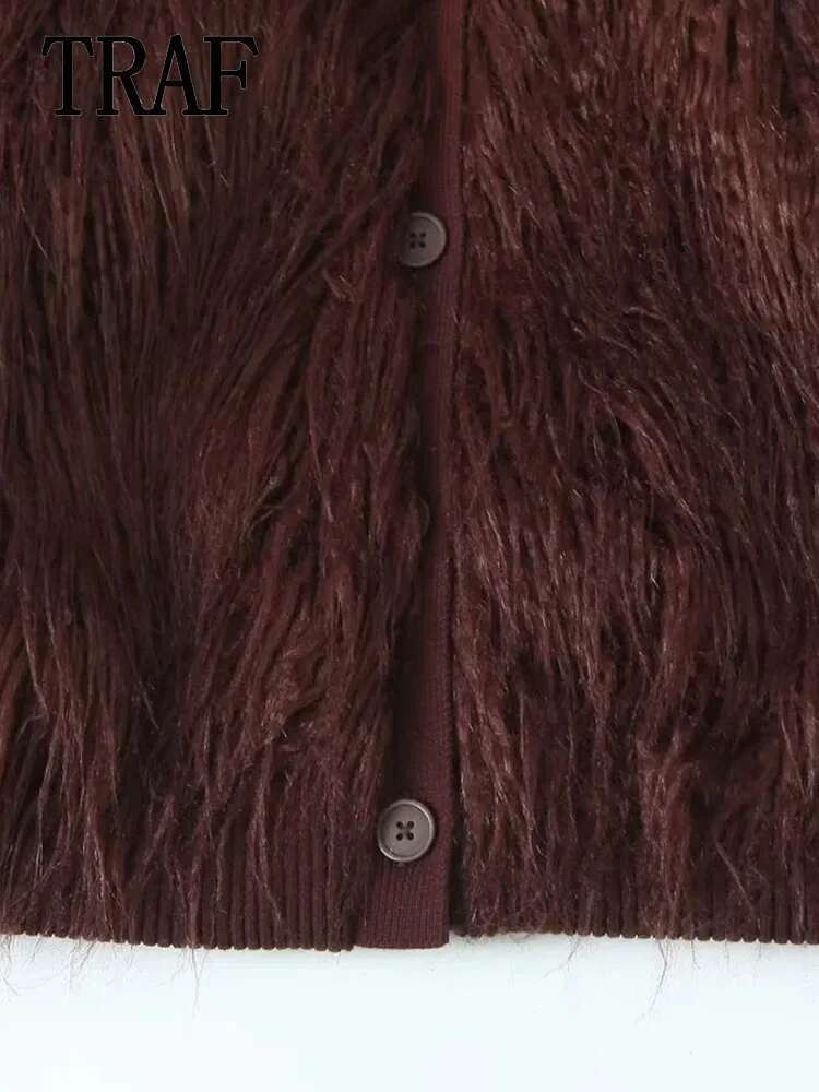 TRAF Women's Fashion Faux Fur Warm Coat Winter Jacket Women Long Sleeve Knitted Cropped Coats Casual New Outerwears