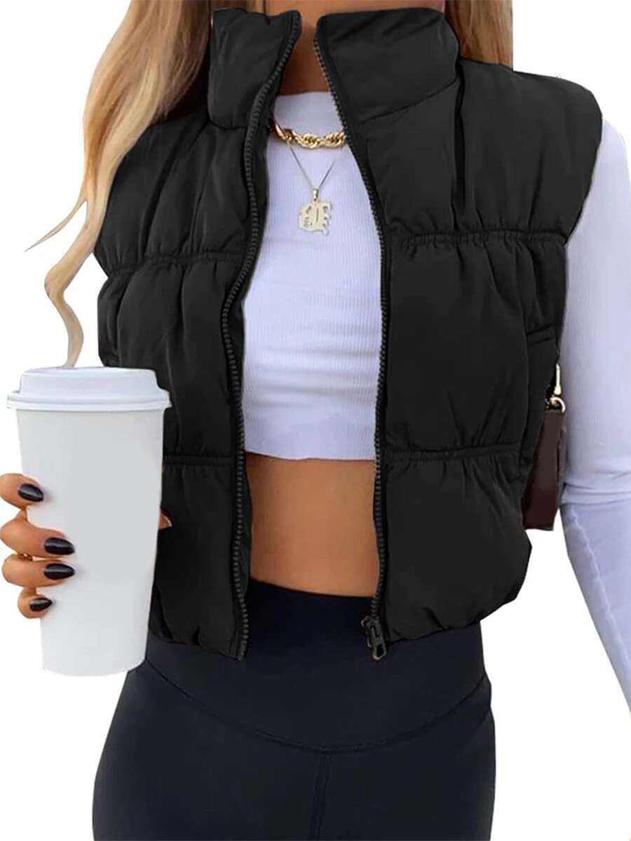 Women's Winter Quilted Vest Solid Color Lightweight Zipper Stand Up Collar Warm Jacket Fashionable Sleeveless Designer Jacket
