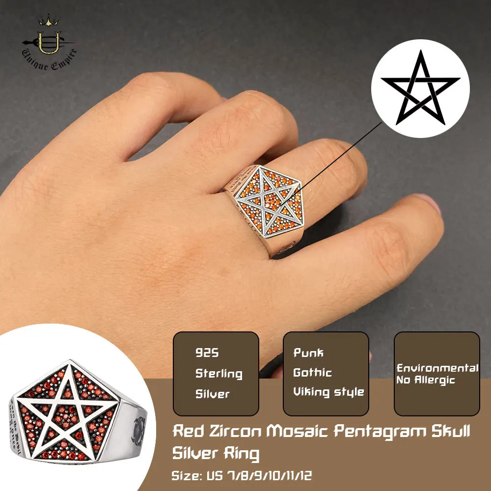 925 Sterling Silver Skull Pentagram Adjustable Ring Fashionable Mens Red Zircon Engagement Wedding Art Decoration Jewelry 250109