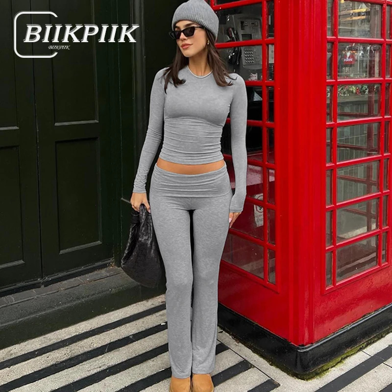 BIIKPIIK Yoga Casual Two Piece Set Concise Sporty Pants Suit For Women Fitness Long Sleeve Crop Top Turndown Waist Trend 250106
