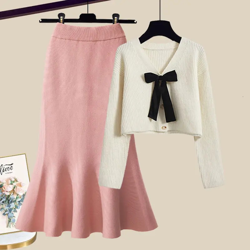 Large Womens Autumn and Winter Set Korean Sweetheart Style Slim Knitted Sweater Fish Tail Skirt Two Piece 250106