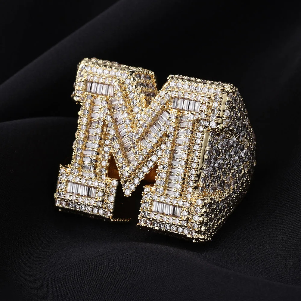 Quality Brilliant Rectangle Iced Out M Ring For Men Hip Hop Initial Letter Round Cut Diamond Unisex jewelry 250109