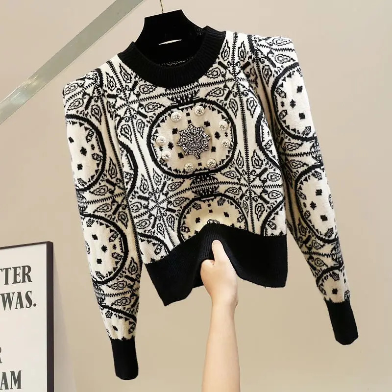 Women Clothing Fashion Chinese Style Diamonds Short Sweater Autumn Winter Vintage Streetwear Long Sleeve Pullovers Chic Y2k Tops 250108